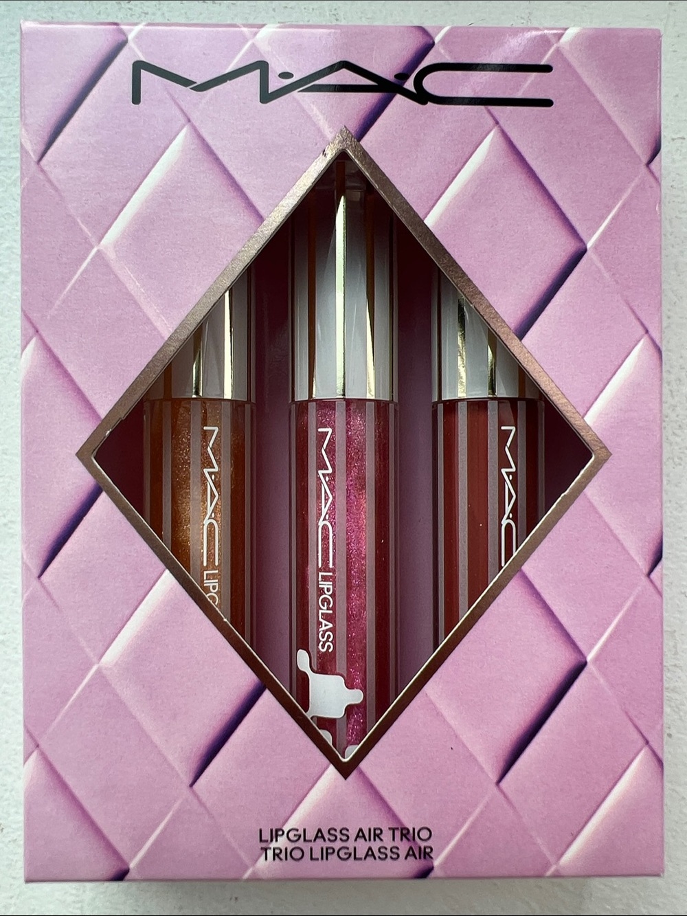 MAC Cosmetics Lipglass Trio — Rose, Pink, Brown Shades